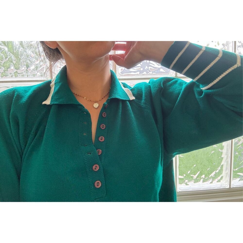 Women’s vintage 70s Eileen emerald green M-L super soft sweater striped polo pre